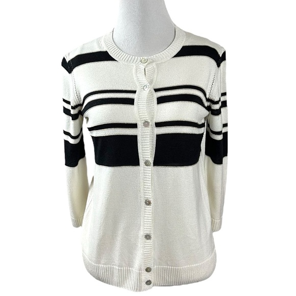 St. John Wool Cashmere Cardigan Sweater Set Black White Gold Stripe Size Small - Picture 3 of 16